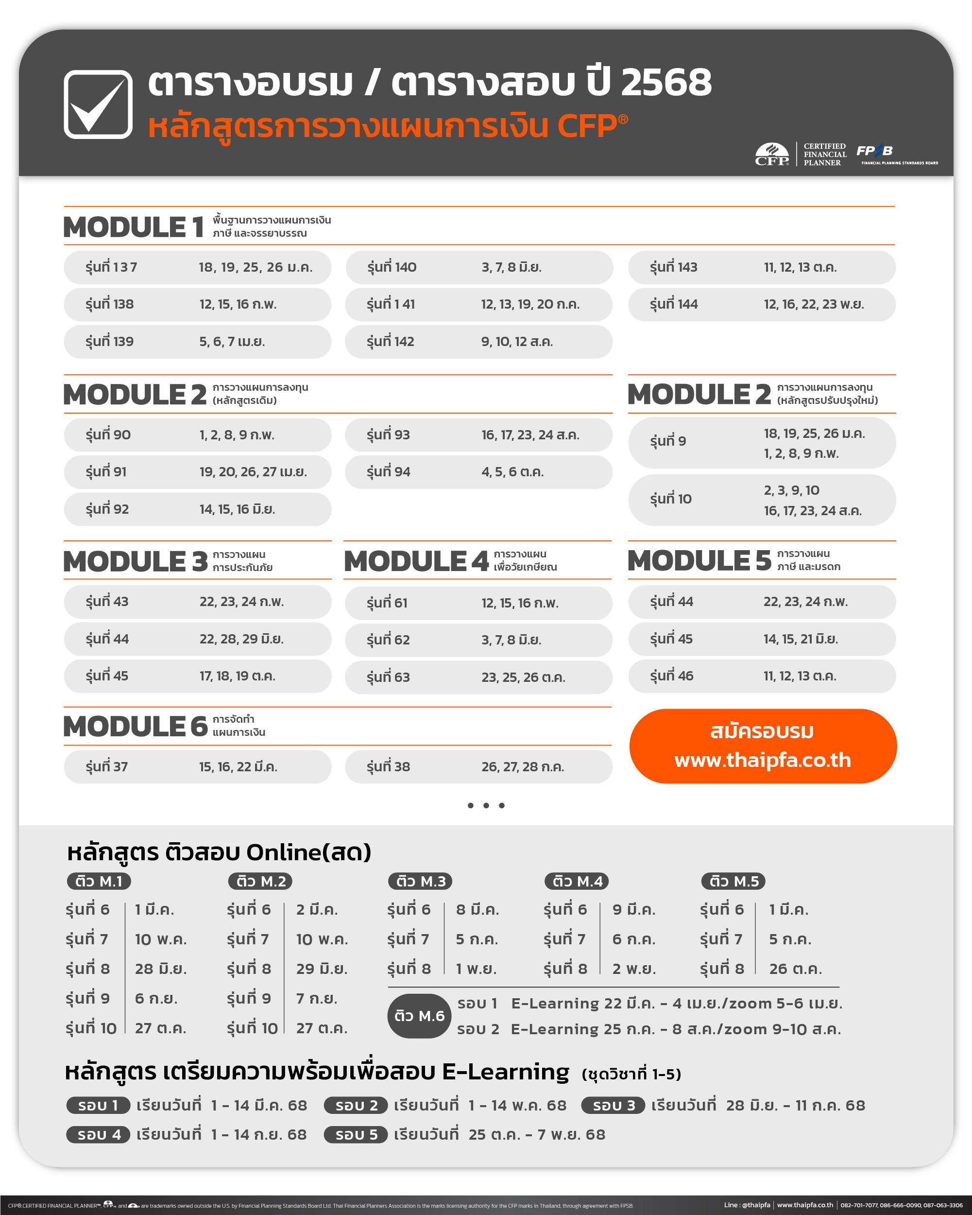 ตารางอบรมและตารางสอบ หลักสูตรการวางแผนการเงิน CFP ประจำปี 2568